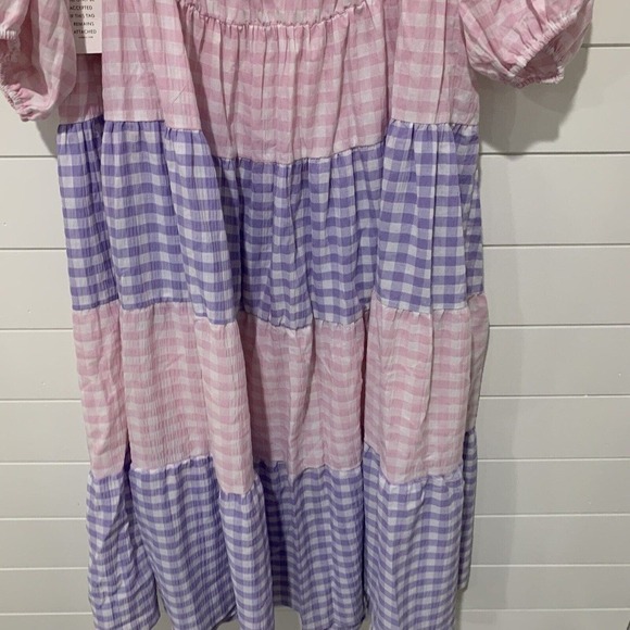 Eloquii | Midi Dress Pink Gingham Check Off the Shoulder Tiered NWT- Size 22 - Picture 8 of 11